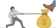 © Maverick Creations - Business person pulling rope tied to money bag under pressure from powerful force, financial struggle concept illustration