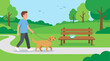 © Avis_Sunani - A young man walking his golden retriever dog in the park.