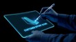 © Viera - Person using stylus on futuristic tablet displaying customer effort score with checkmark.