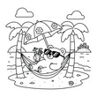 © Crafter - Bear relaxing in a comfortable hammock on a tropical beach island is a fun outline vector coloring page