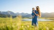 © Ada - Mother with daughter on the camomile meadow.  Loving Mother Holding Baby in Green Meadow with Flower Crowns and Denim Dresses - Outdoor Family Love with Copy Space