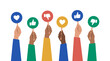 © Elite - Diverse hands holding colorful round signs with thumbs up, thumbs down and heart icons on a plain white background, representing social media user feedback or customer satisfaction survey results