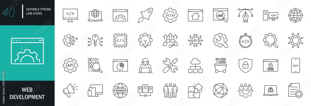 Web development icon set. Containing code, API, programmer coding, app ...