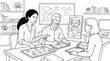 © elisabet - Business Team Collaborating with AI Robot Assistant in Modern Office Line Art Illustration for Coloring