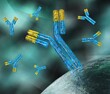© ustas - Virus and antibodies close up, microorganism, a microscopic organism, especially a bacterium, virus, or fungus. 3d rendering