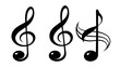 © BHER - Music notes hand drawn black signs vector set. Isolated hand-drawn music note icons on white background. Music note symbols with treble clef. Vector illustration