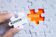 © Ployker - Hand fitting Mission and Vision orange puzzle pieces together on gray jigsaw background, business strategy and corporate planning concept