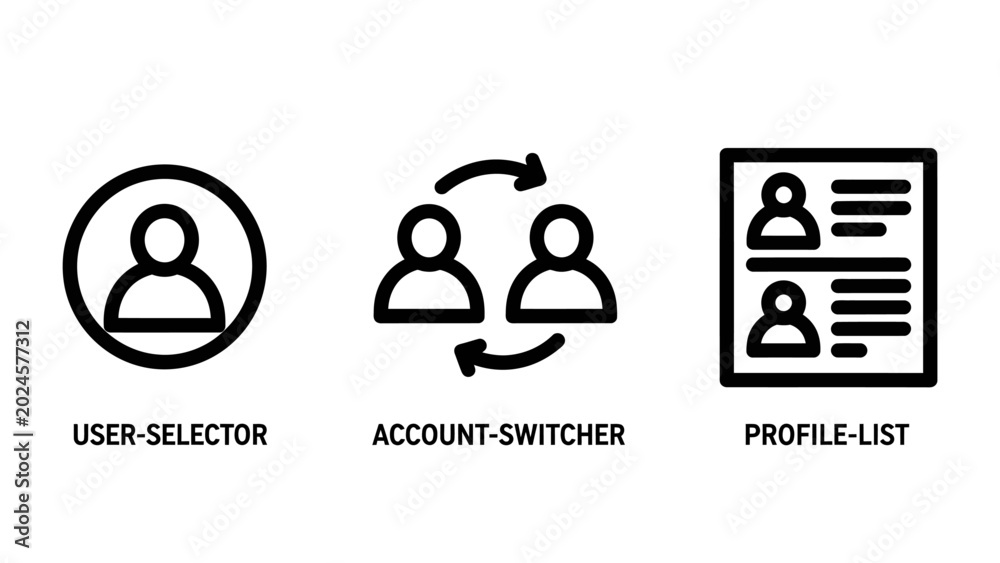 User profile management UI icon set including user selector account ...