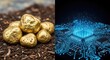 © chaiwat - A split composition showing raw gold nuggets on earthy soil contrasted with a high tech glowing circuit board for digital asset processing, traditional, business, rock