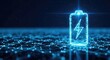 © mirna - Digital battery icon with lightning bolt on abstract blue background.