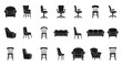 © Noman - Comprehensive set of black silhouettes representing different types of chairs, armchairs, and sofas for interior design and furniture planning.