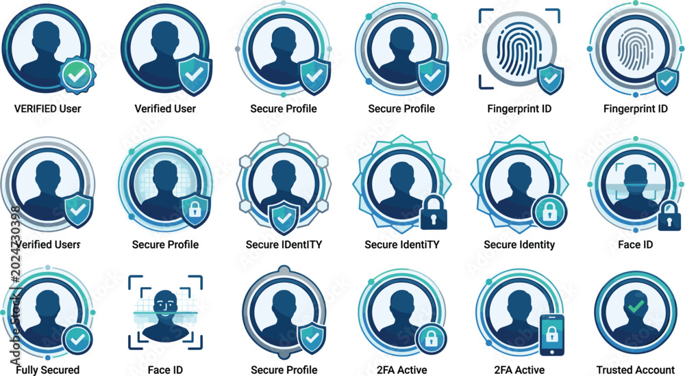 Secure user profile account icon set vector with fingerprint ID face ...