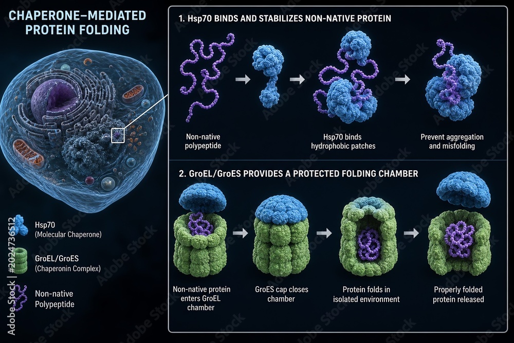 Detailed diagram of chaperone-mediated protein folding, showing a ...