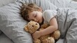 © BlackBird Studio - Peaceful young boy peacefully sleeping on a cozy bed holding a teddy bear, serene childhood moment in a soft, gray setting, perfect for parenting, childhood, and comfort themes.