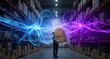 © Konstantin - Online seller carrying stack of cardboard boxes in warehouse. Dynamic network of light trails in azure and deep purple, forming a complex technological web.