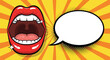 © ErianJendra - Pop Art Comic Style Open Mouth with Speech Bubble on Radial Background.