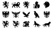 © Asset Aura - Heraldic animal silhouettes set, medieval coat of arms symbols with lions eagles and dragons, 15 black vector icons for crest design and branding