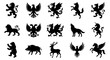 © Asset Aura - Heraldic animal silhouettes set, 15 medieval crest icons including lion, eagle, dragon and wolf, vintage coat of arms vector elements for logo design
