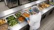 © Olga Ко - Unrecognizable food service worker wearing hairnet and gloves serving healthy hot meals at a commercial cafeteria buffet line