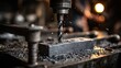 © ART BY SAIFUL - Industrial metal drilling machine bit boring hole in steel block with flying metal shavings