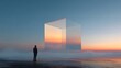 © Sriyani - A man standing on a misty shore looking at a large, transparent, floating glass cube reflecting the sunset sky