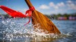 © XIN KONG - paddle. Dragon boat paddle cutting through water with red ribbon, dynamic action. event key visuals, club posters, designed for fitness apps and gym onboarding, boosts motivation.