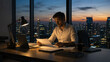 © sandi - Ambitious Businessman Burning the Midnight Oil, Reviewing Reports in a Contemporary Office Overlooking a Dazzling City Skyline at Dusk