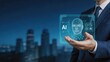 © Visionary - Artificial intelligence AI concept with wireframe human face hologram projection on businessman hand, machine learning, neural network, future technology, cybernetics, facial