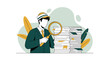© SC-7 - A professional man wearing a formal suit and hat meticulously examines a large towering stack of paperwork using a handheld magnifying glass illustration.