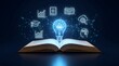 © emwe studio - Artificial intelligence education concept featuring open book with glowing brain lightbulb hologram and digital learning icons
