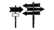 © Pure Pixels (PNG) - Set of two wooden directional arrow signs with blank space for text pointing multiple ways for guidance.