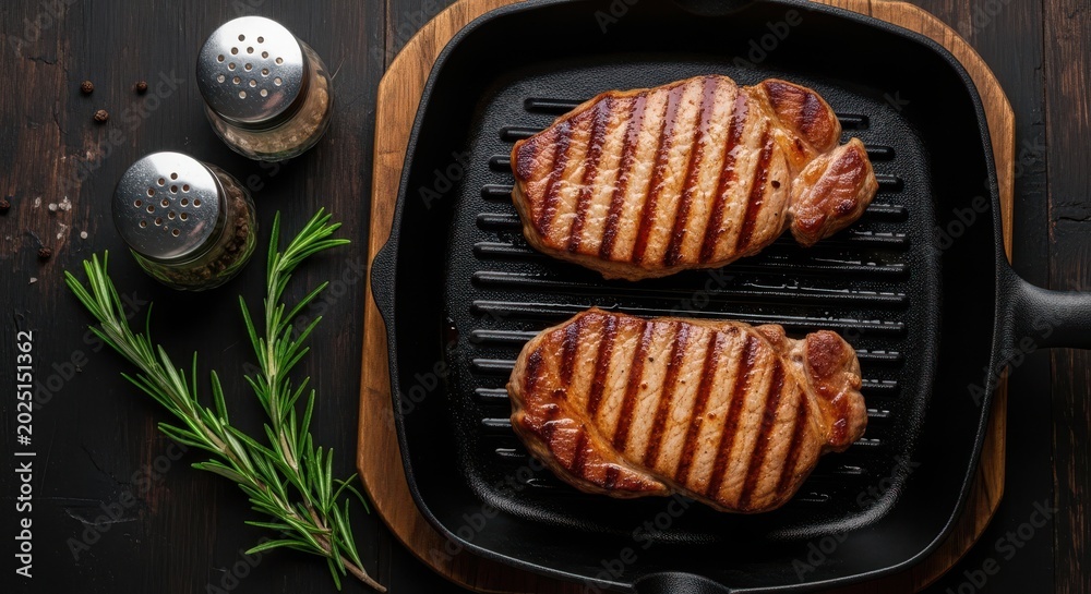 Grilled pork steaks in a cast iron grill pan with rosemary and spices の ...