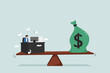 © NASIH - Working hard for money or incentives motivates to work overtime, the concept of overwork and life balance, entrepreneurs working hard at busy desks, the seesaw balancing between wages and money.