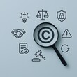 © Nirmal - Magnifying glass over a copyright symbol surrounded by legal and intellectual property icons on a blue background