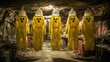 © nurlela - Five figures in banana costumes with radiation symbols in a dark, abandoned setting.