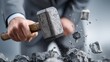 © rendy - Businessman smashing rocks with a sledgehammer, symbolizing breaking barriers and overcoming challenges.