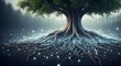© Artfinity - Digital network connectivity and neural tree roots. Artificial intelligence and biological technology. Large tree with glowing blue light fibers connecting roots on the dark ground.