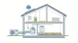 © grecosta - Cross section of a modern house showing heat pump, solar panels, and underfloor heating system architecture