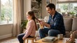 © Arts Eira - Father patiently braids his daughter's long hair at home, creating a cherished family moment