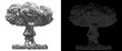 © Stocker BD - Nuclear mushroom cloud explosion on white and black backgrounds, atomic bomb blast smoke, powerful volcanic eruption plume, set of two assets