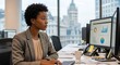 © NawManusia - Focused Black Businesswoman Working on Computer in Modern Office with City View