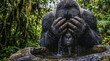 © Ed - An idea about washing and daily hygiene and health, adult gorilla washes in a stone sink near a spring in a rainforest, health care concept, copy space for text