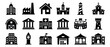 © eclipse - Comprehensive collection of various black silhouette building icons, including residential, commercial, and public structures, presented in a clean, modern graphic style