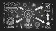 © Stocker - Brainstorming process is visualized with a central lightbulb, arrows, and icons representing learning, planning, and achieving.
