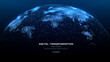 © AntonKhrupinArt - Modern global tech background with a digital globe, world map and AI network systems that connect planet earth through smart data, futuristic innovation and virtual communication. Vector illustration