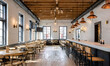 © Neni - An interior shot, featuring a long bar and multiple dining tables, illuminated by overhead and wall lighting