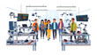 © Abu - Robotics Classroom Exploration: A diverse group of students explores a high-tech robotics classroom, surrounded by intricate machinery and interactive displays.