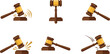 © Mdjony - Set of judge wooden gavel icons representing law justice auction court order verdict and legal system vector design elements isolated on white background.
