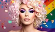 © EBG Stock Studio - Retrato de persona con peluca blanca, maquillaje llamativo y confeti en una celebración colorida de estilo festivo