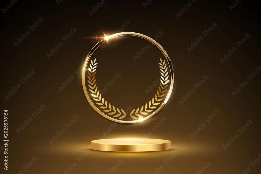 Gold award podium with laurel wreath in glowing round frame on dark ...
